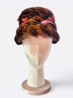 Vintage 1960's Mid-Century Pink Peasant Feather Toque Hat